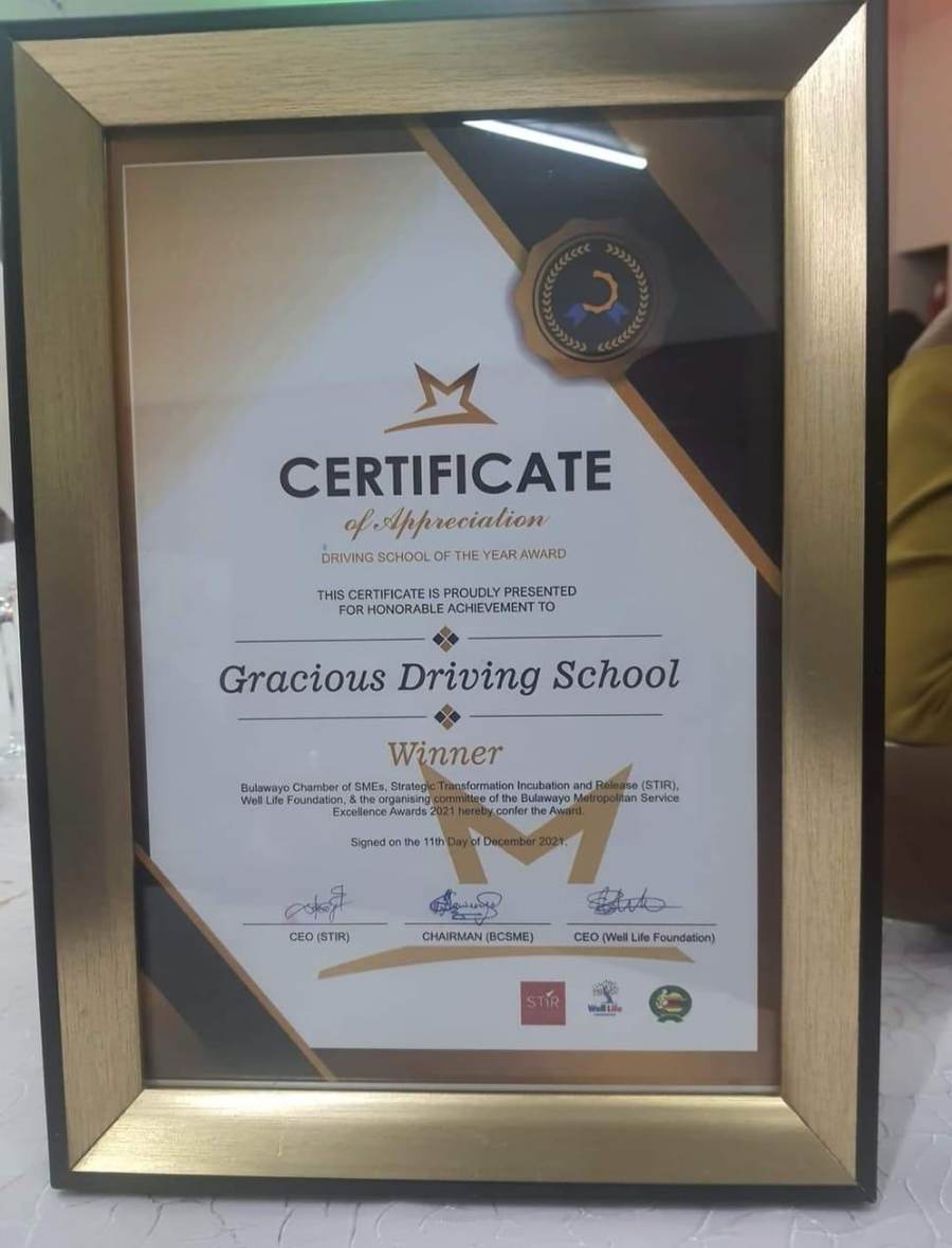 Gracious Driving School's Driving School of the Year 2021 certificate of appreciation